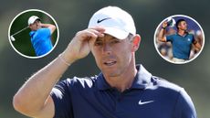 rory mcilroy doffing his cap with insets of the Ryder Cup and his golf swing
