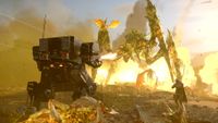 A mech battles a bile titan in Helldivers 2