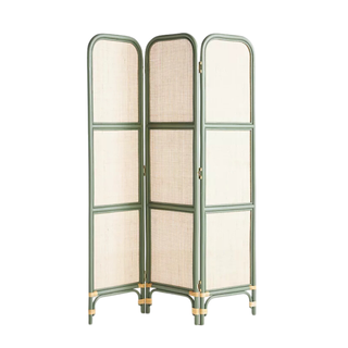 Rattan screen divider with green woodwork