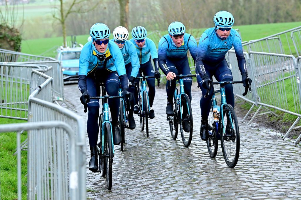 Astana Qazaqstan riders pictured in action on the Oude Kwaremont during preparations of several teams on the track ahead of the Ronde van Vlaanderen Tour des Flandres Tour of Flanders cycling race Thursday 30 March 2023 The 107th edition of the cycling race will take place on Sunday 02 April BELGA PHOTO DIRK WAEM Photo by DIRK WAEM BELGA MAG Belga via AFP Photo by DIRK WAEMBELGA MAGAFP via Getty Images