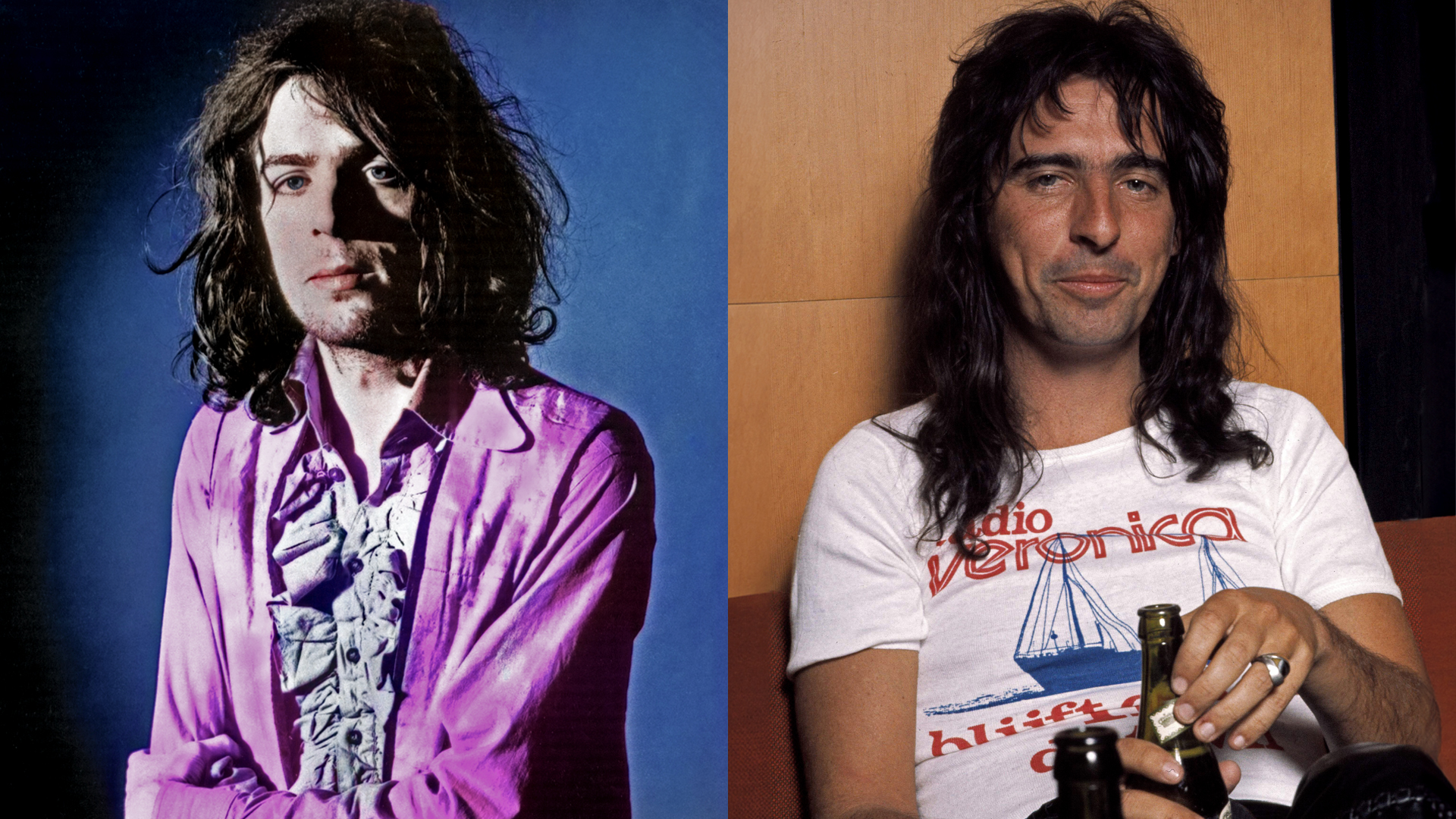 LEFT: Syd BARRETT; formerly of Pink Floyd - posed, studio. RIGHT: Alice Cooper, Mar-74, Copenhagen, Denmark  