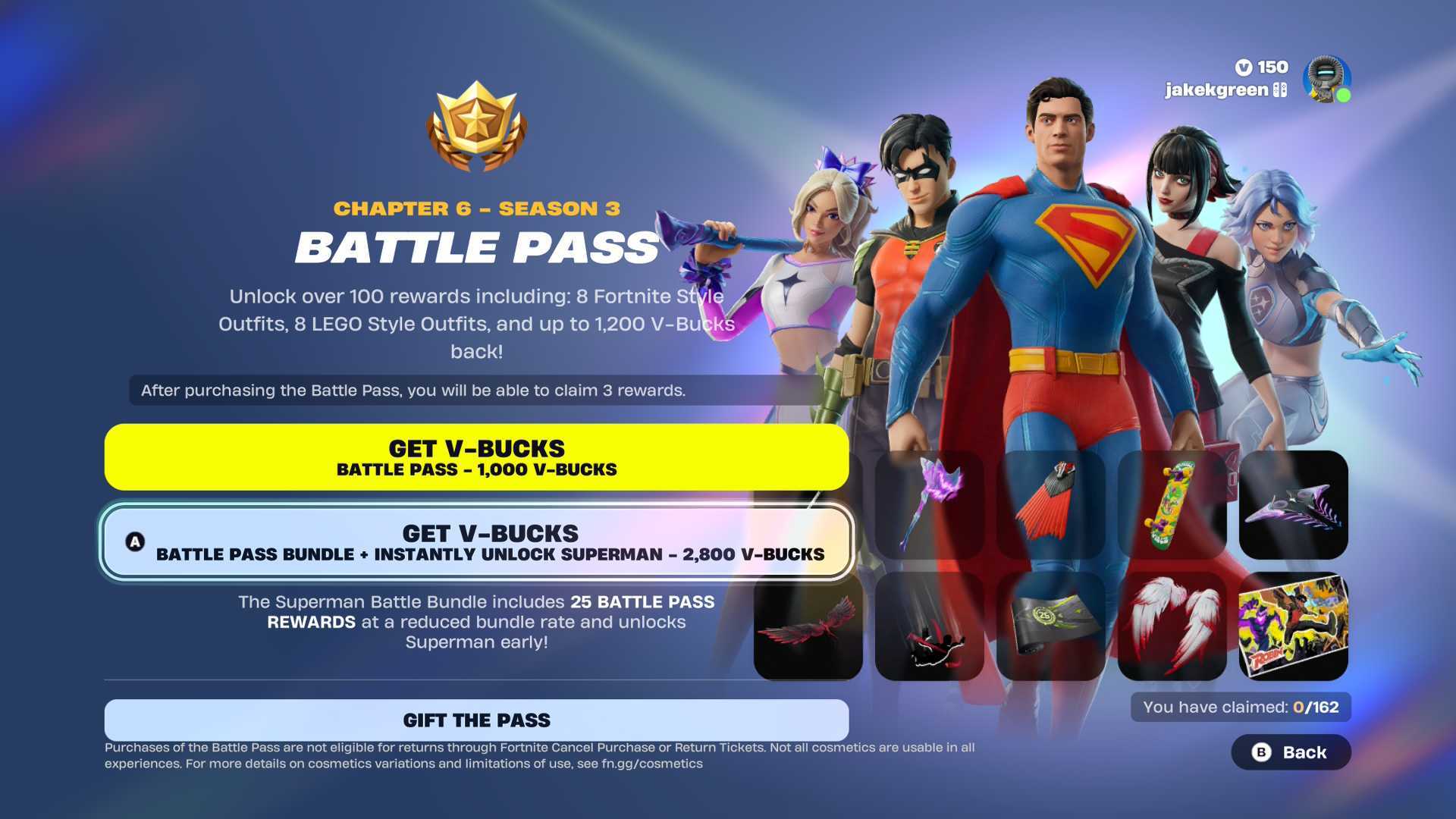 The Premium Battle Pass purchase screen, with Superman and other heroes onscreen