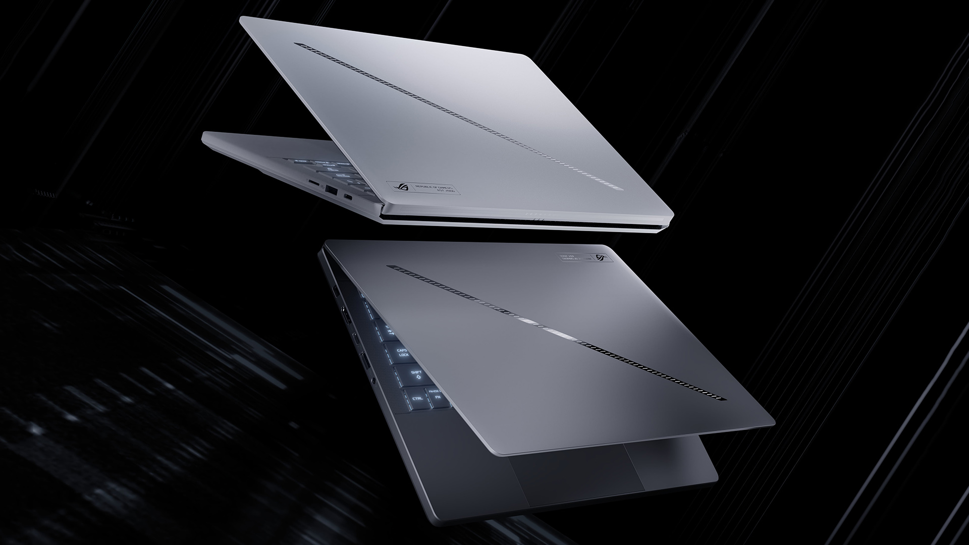 The Asus ROG Zephyrus G14 in silver and dark grey colors