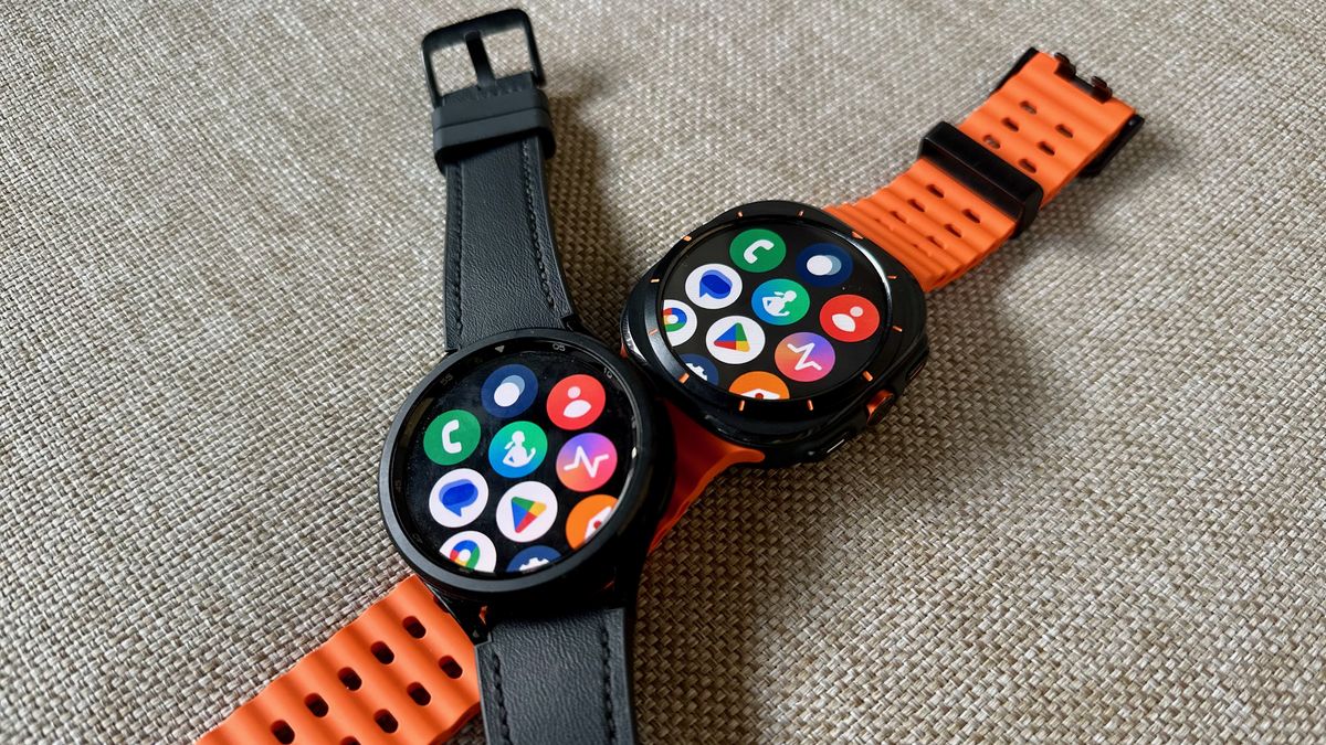 The Samsung Galaxy Watch 6 Classic (left) sitting atop the Galaxy Watch Ultra (right).