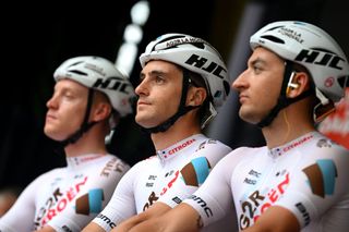 Franck Bonnamour (centre) among his AG2R Citroën teammates at the 2023 Critérium du Dauphiné