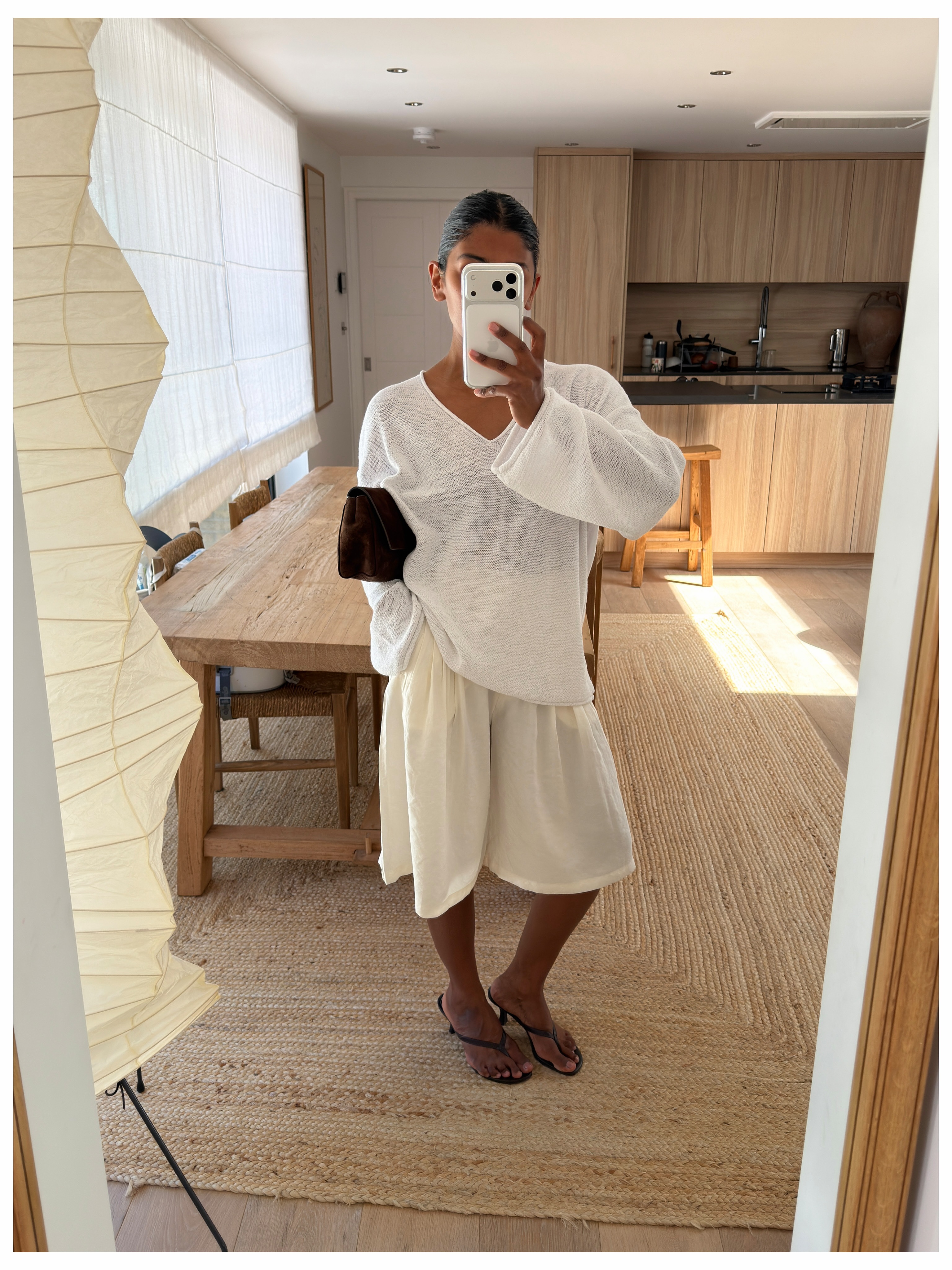 Influencer Monikh wearing black thong sandals.