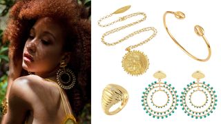 Best jewelry online includes the brand Jam and Rico, composite image of model wearing Jam & Rico and cut out shots