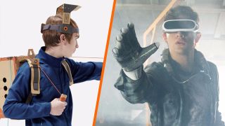 A photo illustration showing some similarities between Labo's robot kit and Ready Player One's VR.