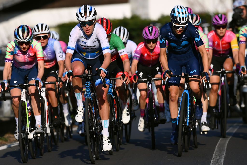 CITTIGLIO ITALY MARCH 20 LR Ellen Van Dijk of Netherlands and Team Trek Segafredo and Katrine Aalerud of Norway and Movistar Teamduring the 46th Trofeo Alfredo BindaComune di Cittiglio 2021 Womens Elite a 1418km one day race from Cocquio Trevisago to Cittiglio TrBinda UCIWWT on March 20 2022 in Cittiglio Italy Photo by Tim de WaeleGetty Images