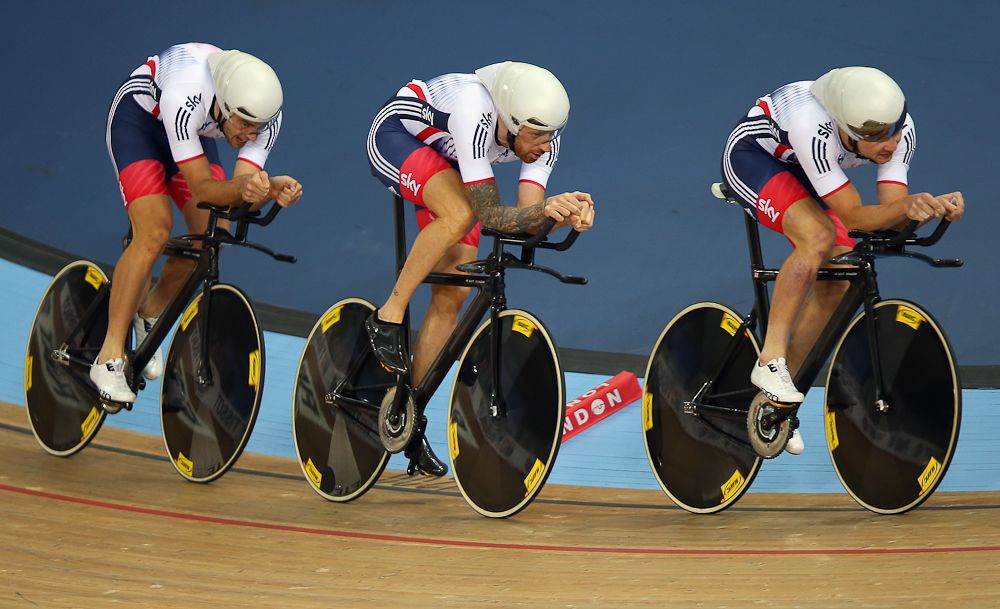 Bradley Wiggins (c) of Great Britain rides during qualifying for the Men's Team Pursuit at the Lee Valley Velopark Velodrome on March 2, 2016 in London, England.