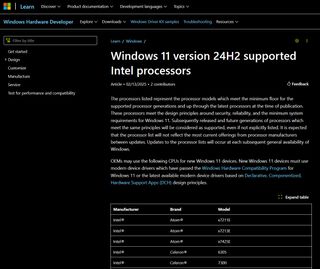 Windows 11 version 24H2 - Intel CPU support list