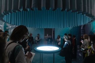 Immersive blue installation at lisbon architecture triennale 2022 exhibition