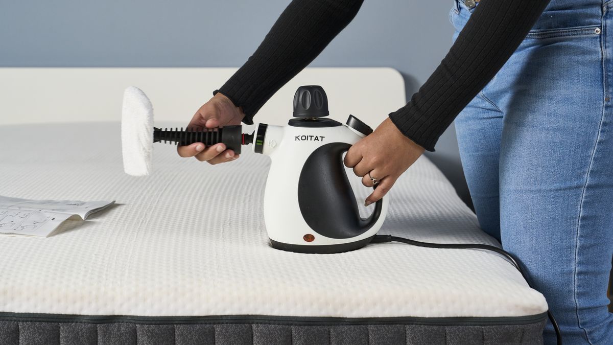 A series of images showing the steps of setting up, filling and using the Koitat mattress steam cleaner