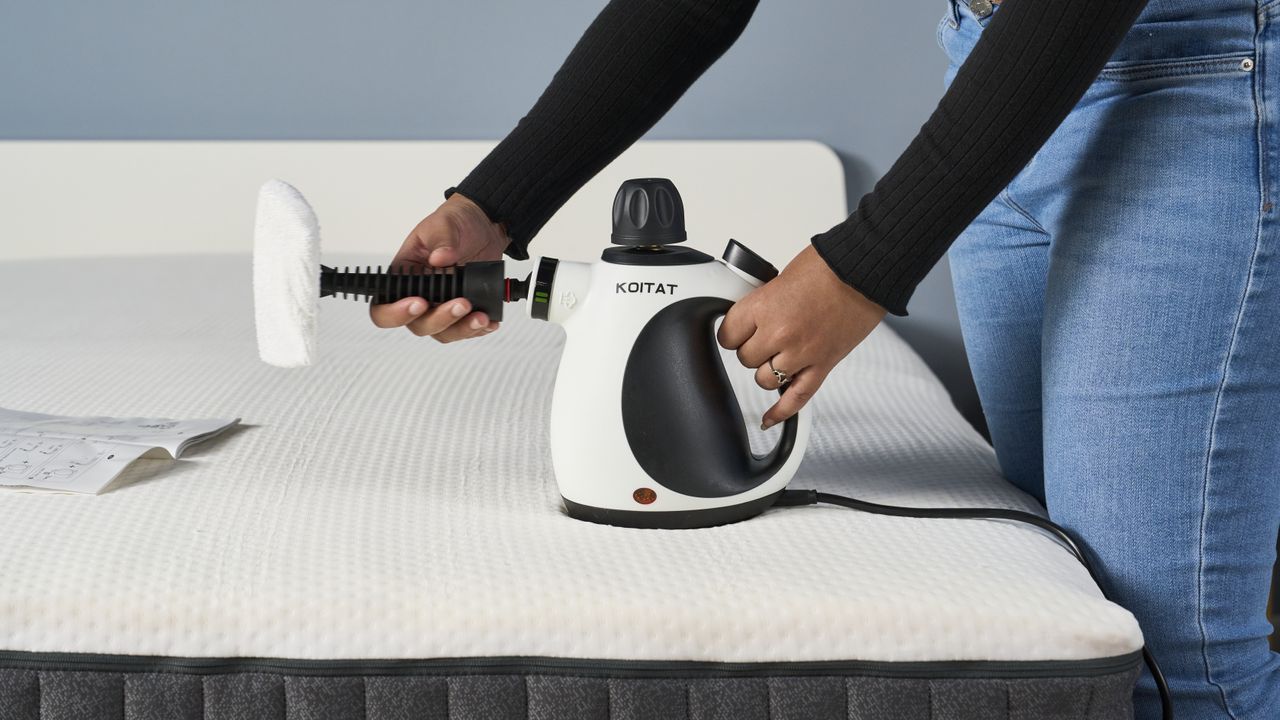 A series of images showing the steps of setting up, filling and using the Koitat mattress steam cleaner