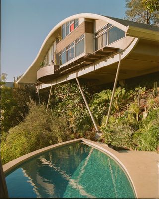 garden and swimming pool at john lautner's garcia house