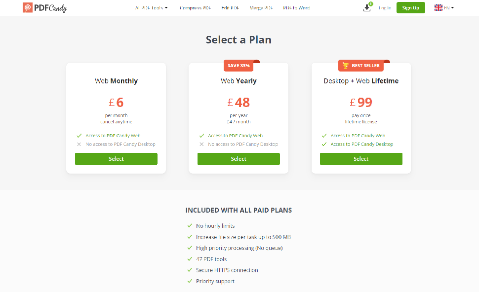 Pricing plans for PDF Candy