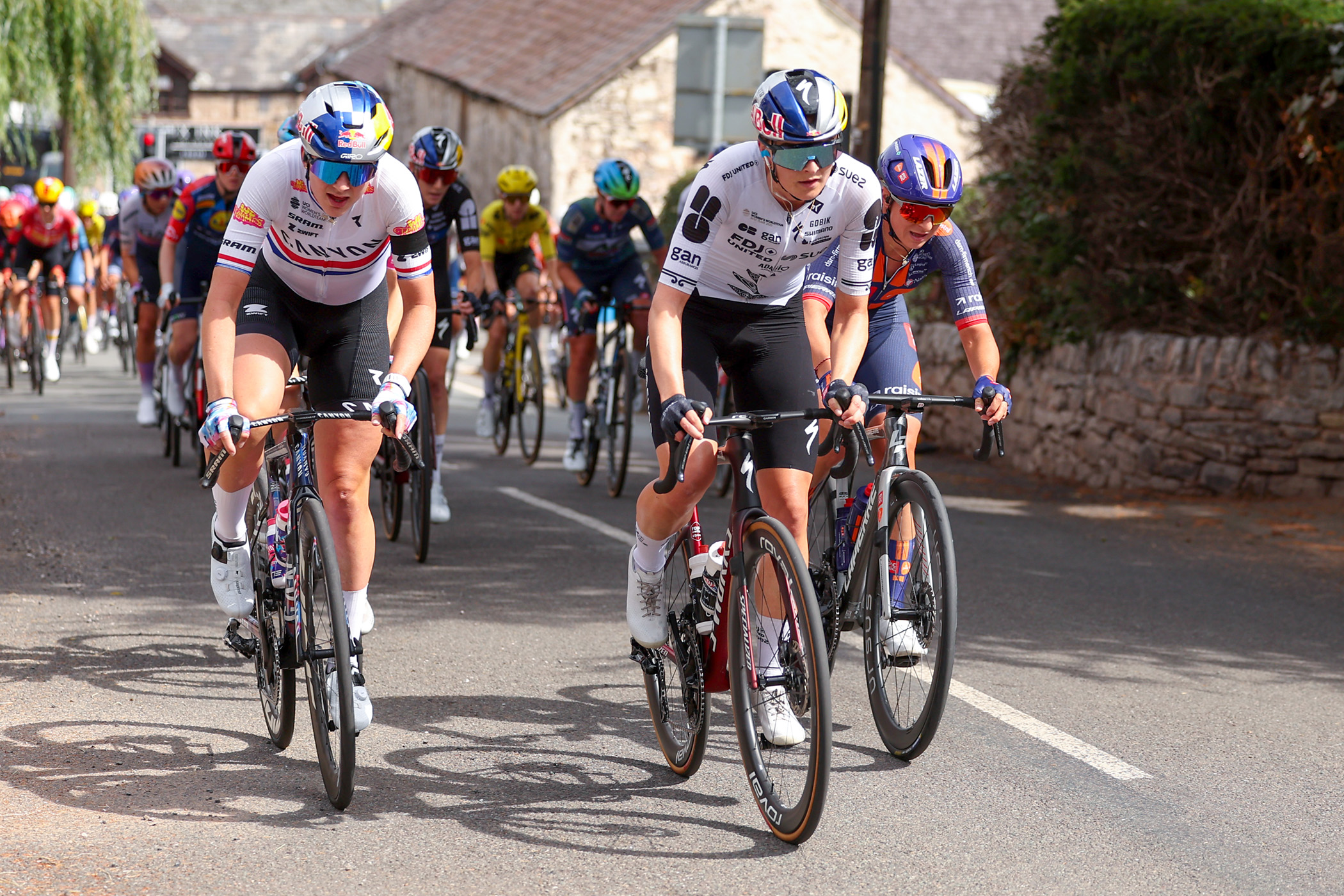 Ally Wollaston (right) races up a climb alongside Zoe B&auml;ckstedt on stage 3 of the Tour of Britain Women