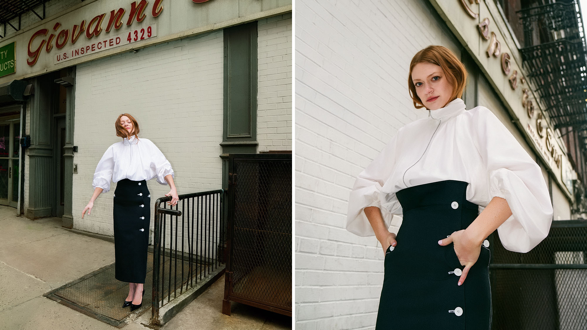Colby Minifie photographed by Emily Soto in NYC for Who What Wear wearing an Adam Lippes white blouse with voluminous sleeves and a high-waisted pencil skirt with white buttons down the left side. 