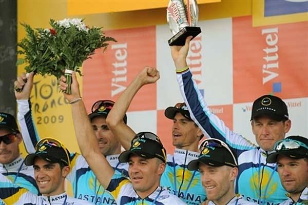 Team Astana on the podium after winning the team time trial.