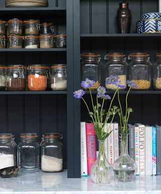 A close up shot of black open shelving storing food jars, books, and flowers