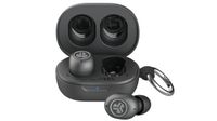 A black pair of JLabs JBuds Mini ANC wireless earbuds in their charging case on a white background.