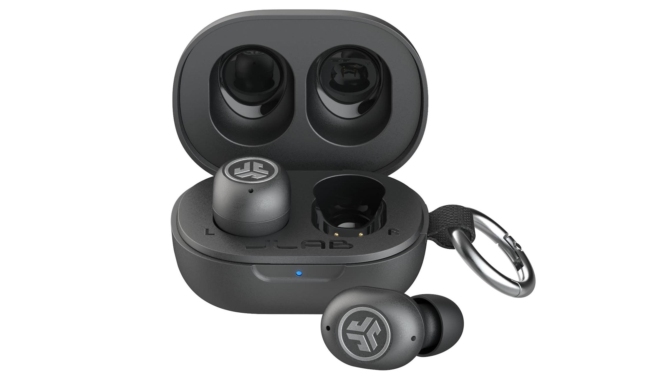 A black pair of JLabs JBuds Mini ANC wireless earbuds in their charging case on a white background.