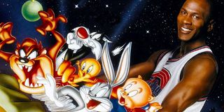 Space Jam Michael Jordan stands with the Looney Tunes in space