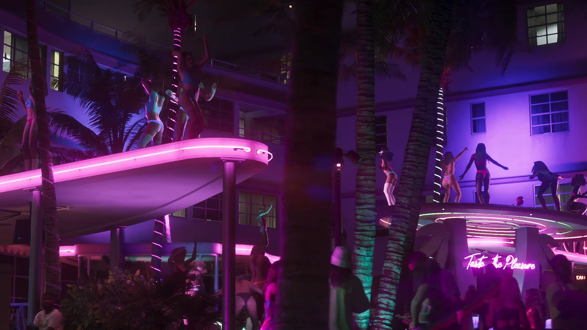A neon drenched bar scene, with palm trees and girls dancing up on platforms