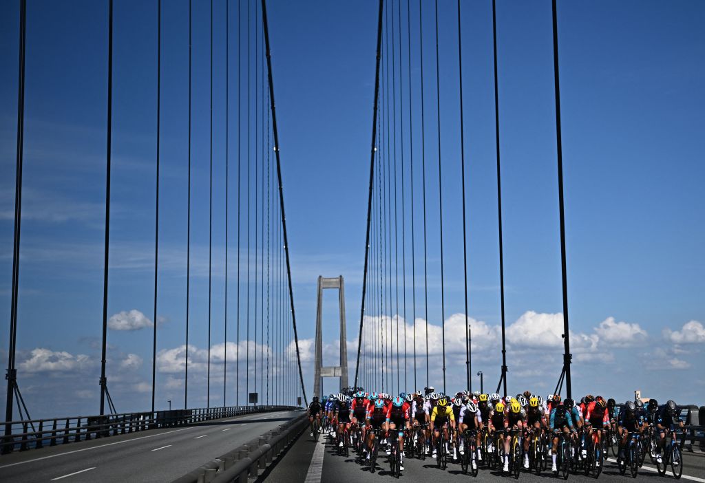 The pack of riders cycles across the Great Belt Fixed Link bridge Storebaelt during the 2nd stage of the 109th edition of the Tour de France cycling race 2022 km between Roskilde and Nyborg in Denmark on July 2 2022 Photo by AnneChristine POUJOULAT AFP Photo by ANNECHRISTINE POUJOULATAFP via Getty Images
