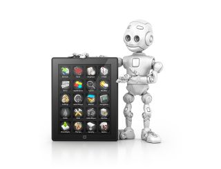 Silver metal robot gestures towards large tablet computer 