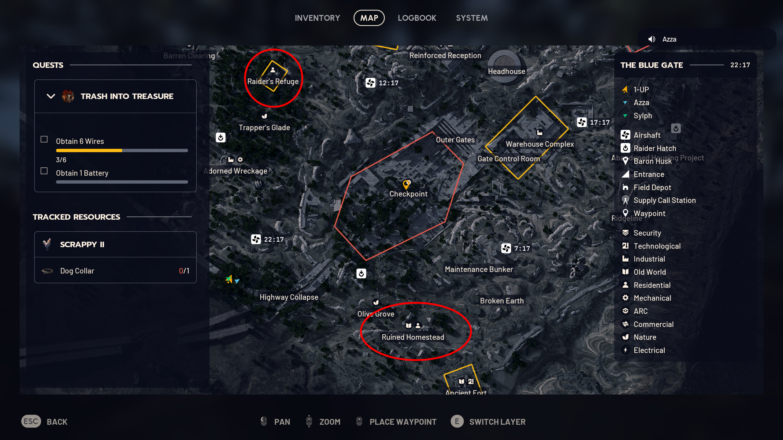 Arc Raiders Dog Collar locations: A map of Blue Gate with two red circles/ovals marking areas that have a higher chance to drop Dog Collars.