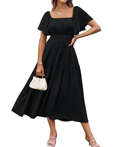 Grace Karin Women's Casual Flowy Ruffle Dresses Square Neck Short Sleeve Summer Chiffon Dress Black L