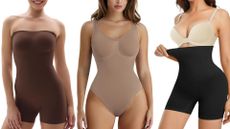 Three models in shapewear - strapless brown bodysuit, nude bodysuit and black high waisted shorts 