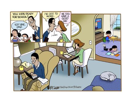 Editorial Cartoon U.S. work from home self-quarantine coronavirus family