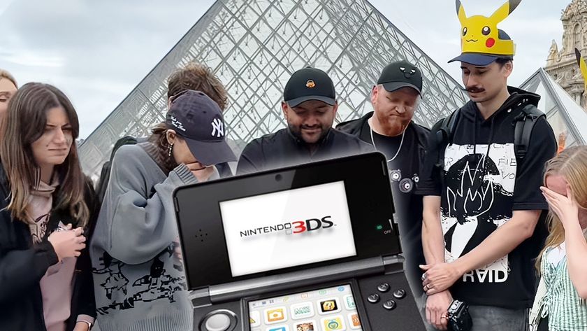 A Nintendo 3DS handheld game console and a group of people looking sad as they hold a funeral for the console in front of the Louvre pyramid