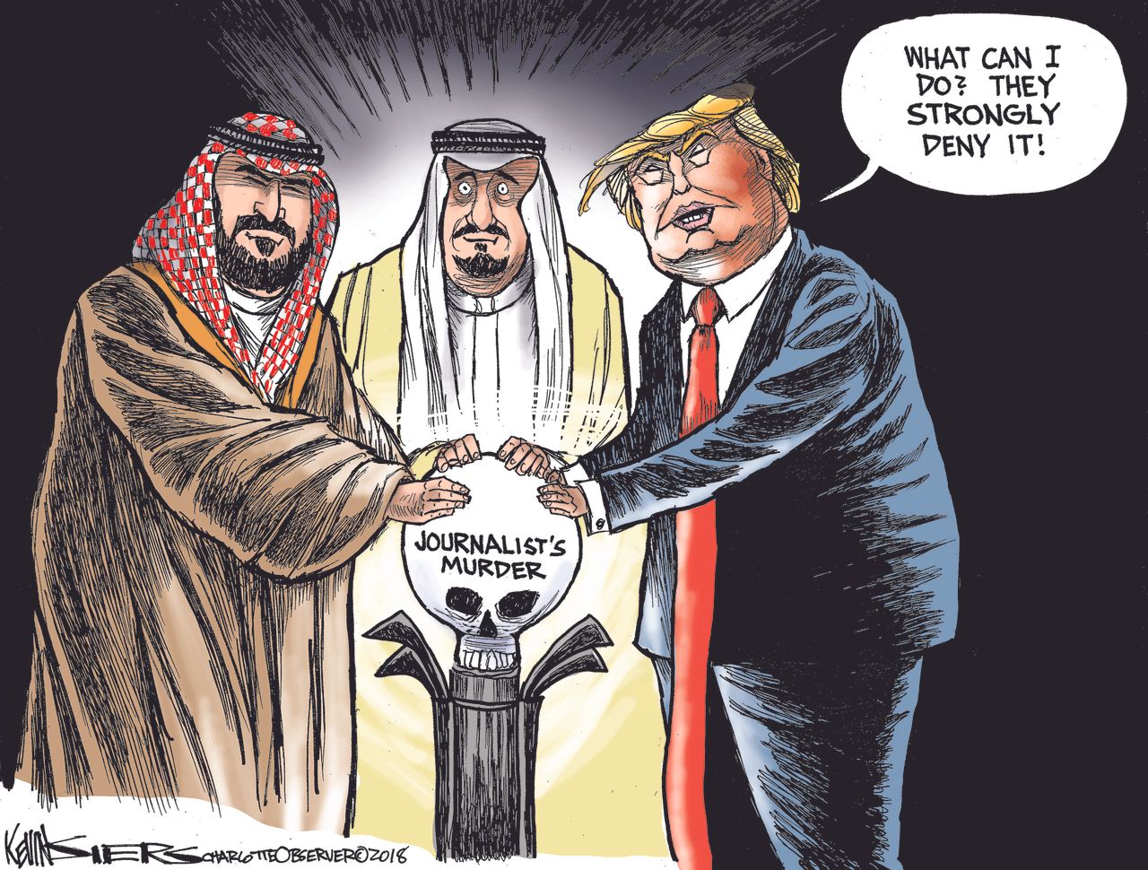 Political cartoon U.S. Saudi Arabia Trump Mohammed bin Salman Jamal Khashoggi journalist murder