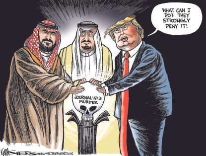 Political cartoon U.S. Saudi Arabia Trump Mohammed bin Salman Jamal Khashoggi journalist murder