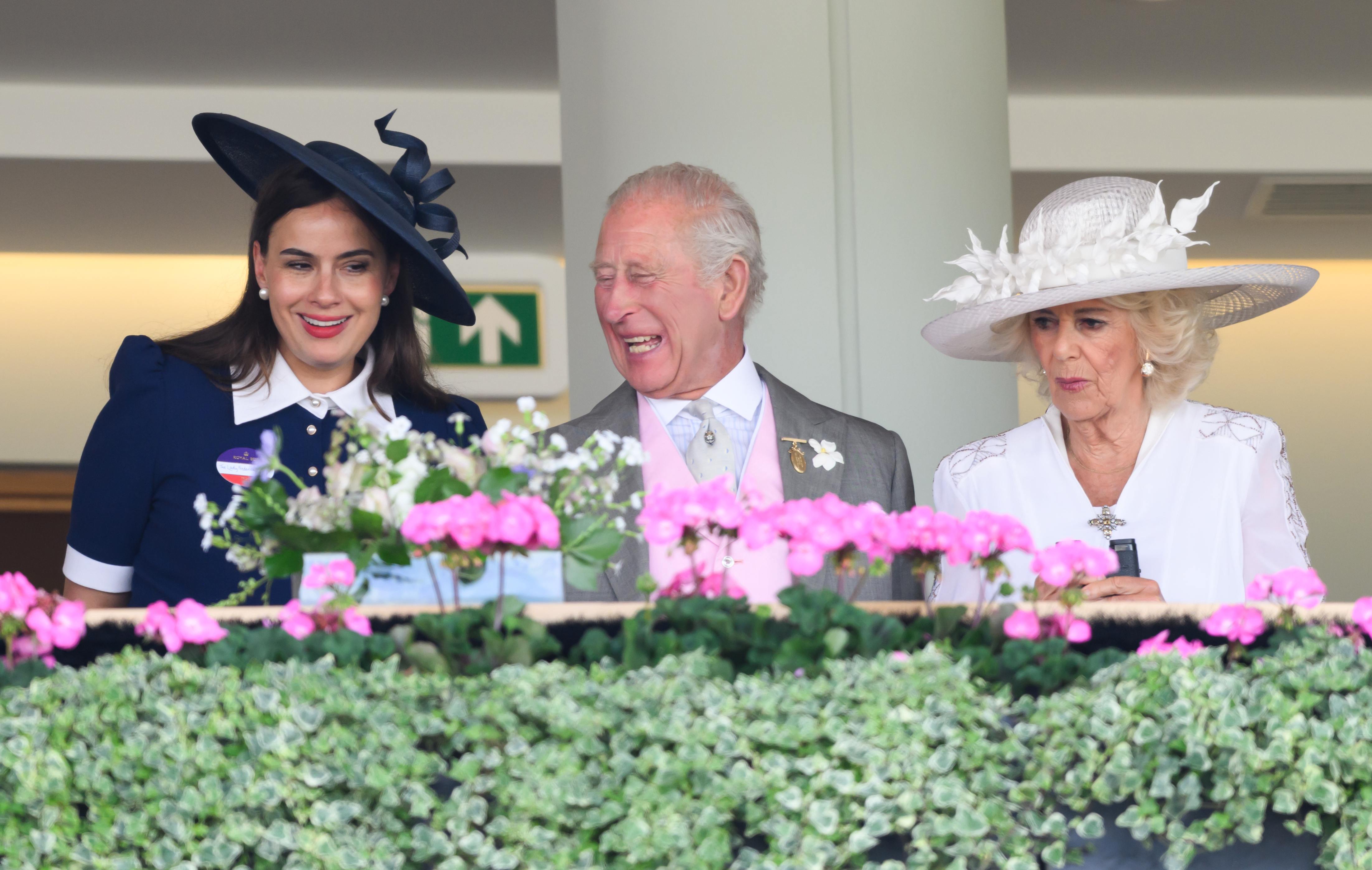 Sophie Winkleman, King Charles and Queen Camilla talking and laughing at Royal Ascot