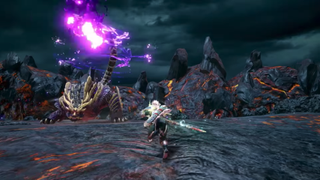 A screenshot Monster Hunter Rise, showing a player character charging at a boss monster