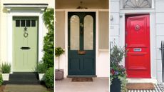 collage of three front doors, one is sage green with greenery around, the next is a dark teal colour and the third a bright red to suggest the best colour for a front door in 2024