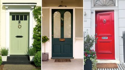 collage of three front doors, one is sage green with greenery around, the next is a dark teal colour and the third a bright red to suggest the best colour for a front door in 2024