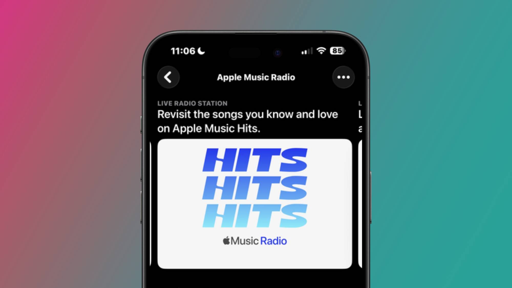 A screenshot of Apple Music Hits radio station in the Apple Music app