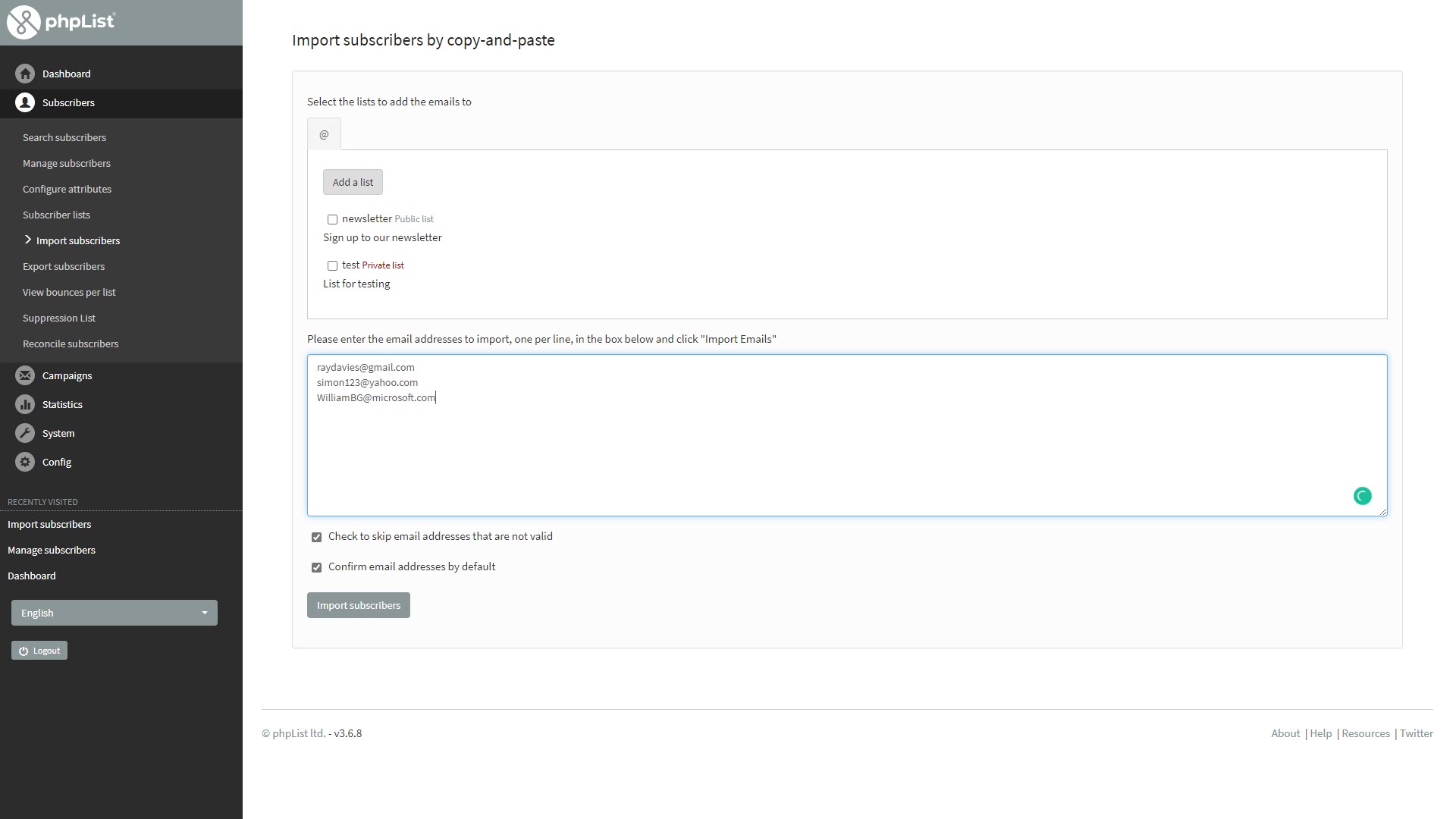 Screenshot of the Import subscribers page in phpList