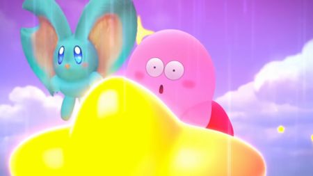 Kirby with a shocked expression riding a star