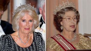 Queen Camilla and Queen Elizabeth wearing the same tiara on separate occasions