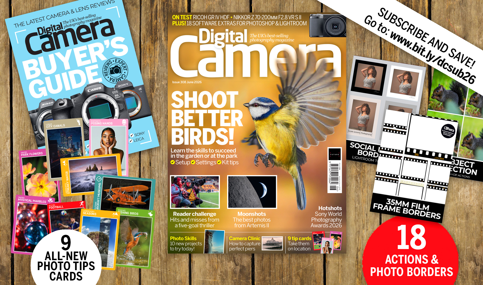 Front cover of issue 308 (June 2026) of Digital Camera magazine and images showing the included bonus gifts &amp;ndash; 9 photo tips cards, 4 image editing tutorial videos, 18 software extras and an e-book