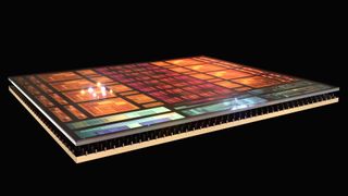 A screenshot of AMD&#039;s announcement video for the Ryzen 7 9800X3D processor, showing a stylized image of a Zen 5 CCD with the 3D V-Cache layer underneath