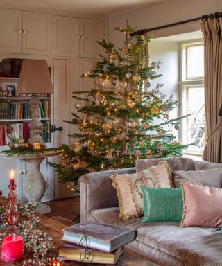 farmhouse living room decorated for christmas