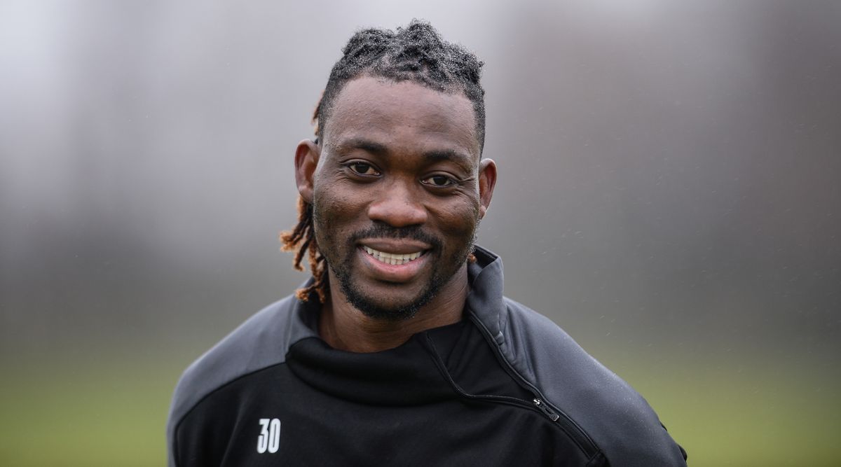 Christian Atsu smiles during a Newcastle United training session on 28 January, 2021 in Newcastle upon Tyne, United Kingdom.