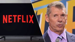 (L to R) The Netflix logo on a TV and WWE executive chairman Vince McMahon.